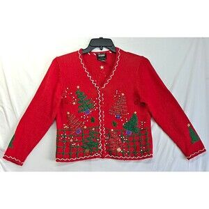 Studio Joy Petites PS Red V-Neck Cottage Cardigan Sweater Beaded Snowman Winter